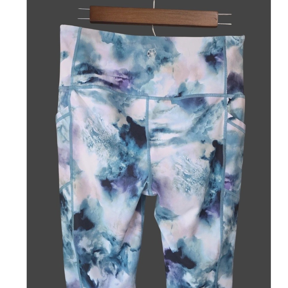 Gaiam Womens High Waisted Yoga Leggings Blue Purple Watercolor Print Pockets S - Picture 10 of 11